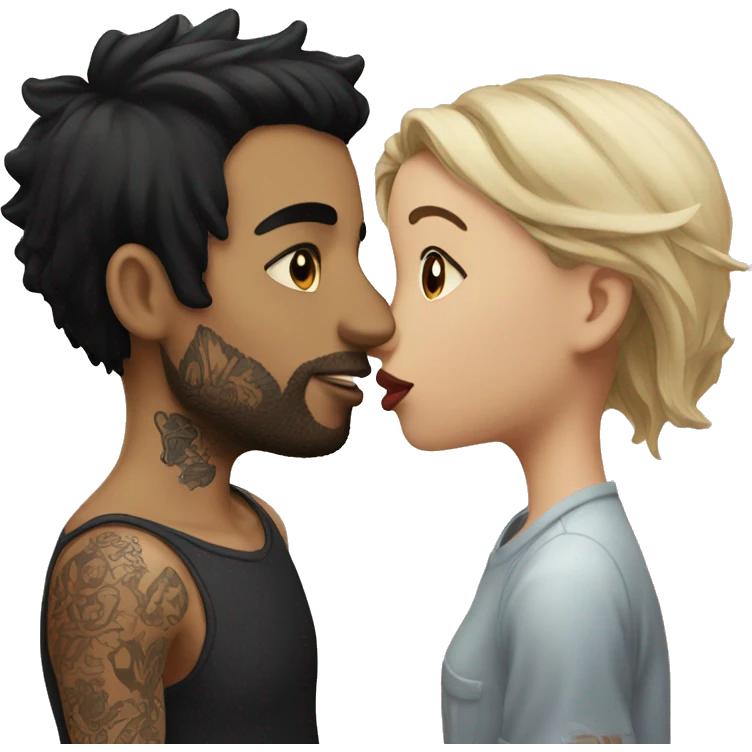 Guy with black hair and tatoos kissing girl with black hair emoji