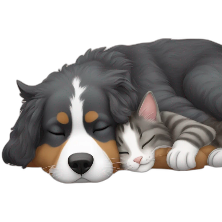 a grey tabby cat sleeping on top of a bernese mountain dog emoji