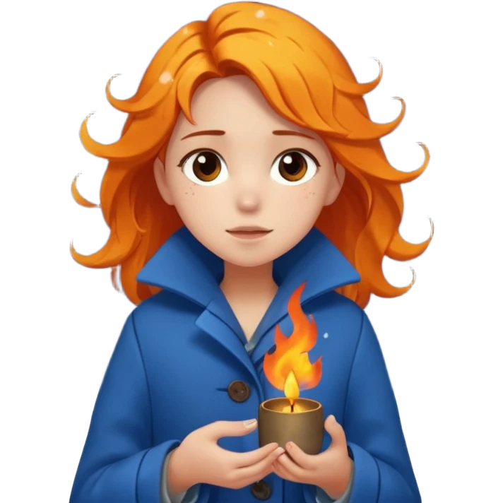 A barefoot girl in a tattered blue coat, cupping a tiny flame gently while snowflakes fall on her hair.
 emoji
