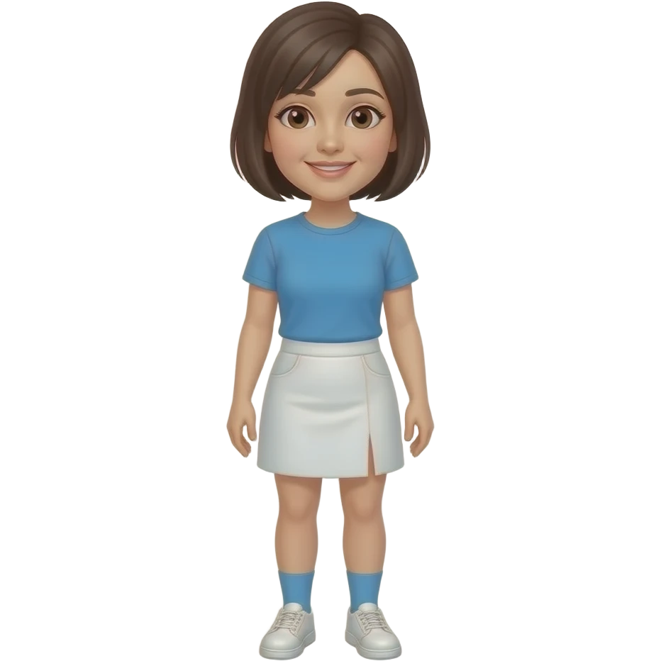 An adult woman with Brown eyes, Dark brown hair styled as a shoulder length Pixie cut, fair skinned, and wearing a white white skort, a blue t-shirt, light blue socks and white shoes. emoji