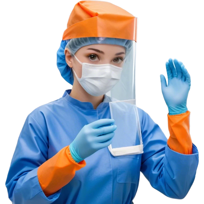A meticulous cleanroom worker dressed in full protective gear, including a blue sterile suit, a face mask, a hairnet, and orange gloves. With a focused expression, they carefully wipe down a glass surface, ensuring strict hygiene standards in a controlled environment. emoji