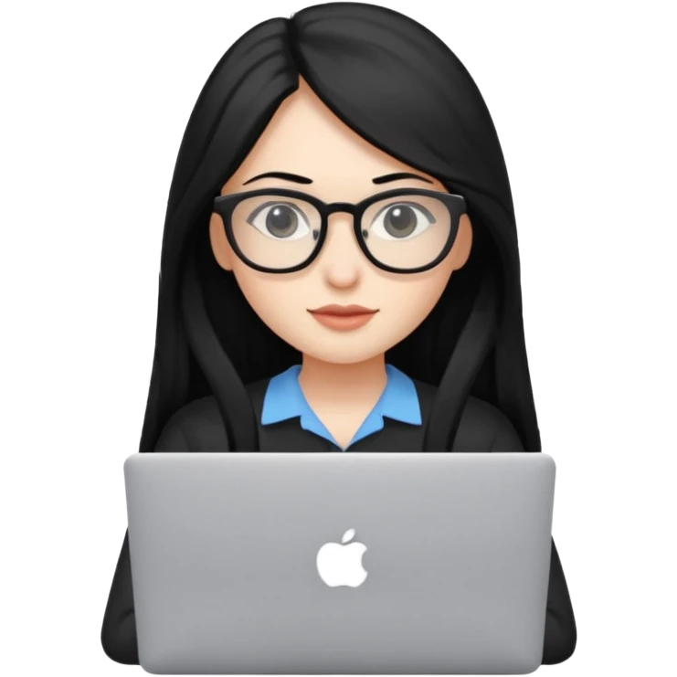 female student with black long hair working on a macbook laptop. emoji