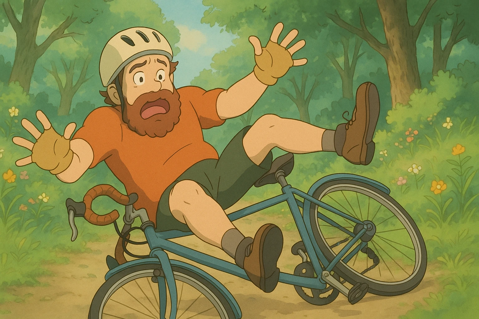 bearded cyclist falling, ghibli style emoji