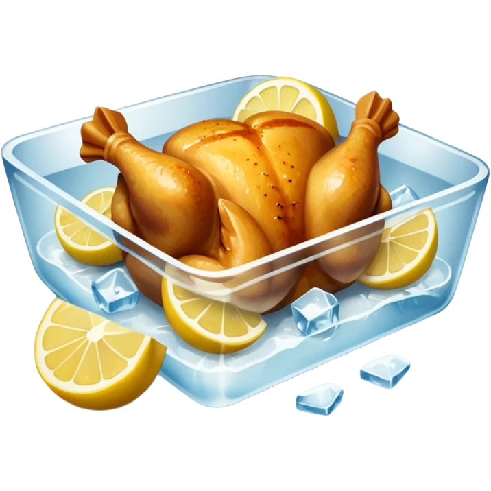 baked chicken with lemon wedges on a large platter, inside a large ice cube emoji