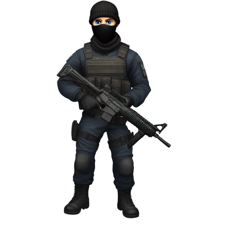 White male, call of duty black mask, tactical gear, camo pants, combat boots, black beanie, blue eyes emoji