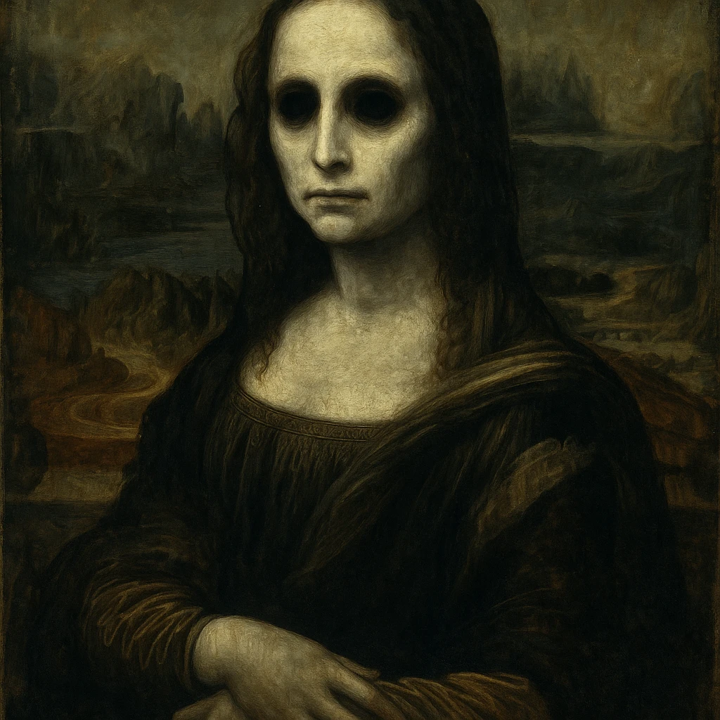 Mona Lisa in an oil painting style, with a ghostly haunting expression, pale skin, and hollow eyes emoji