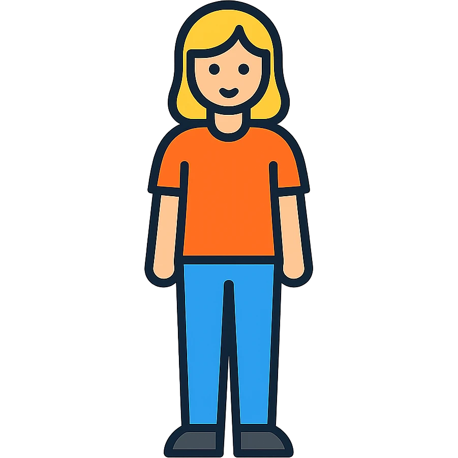 blonde woman standing, full body, orange shirt, minimalistic style emoji
