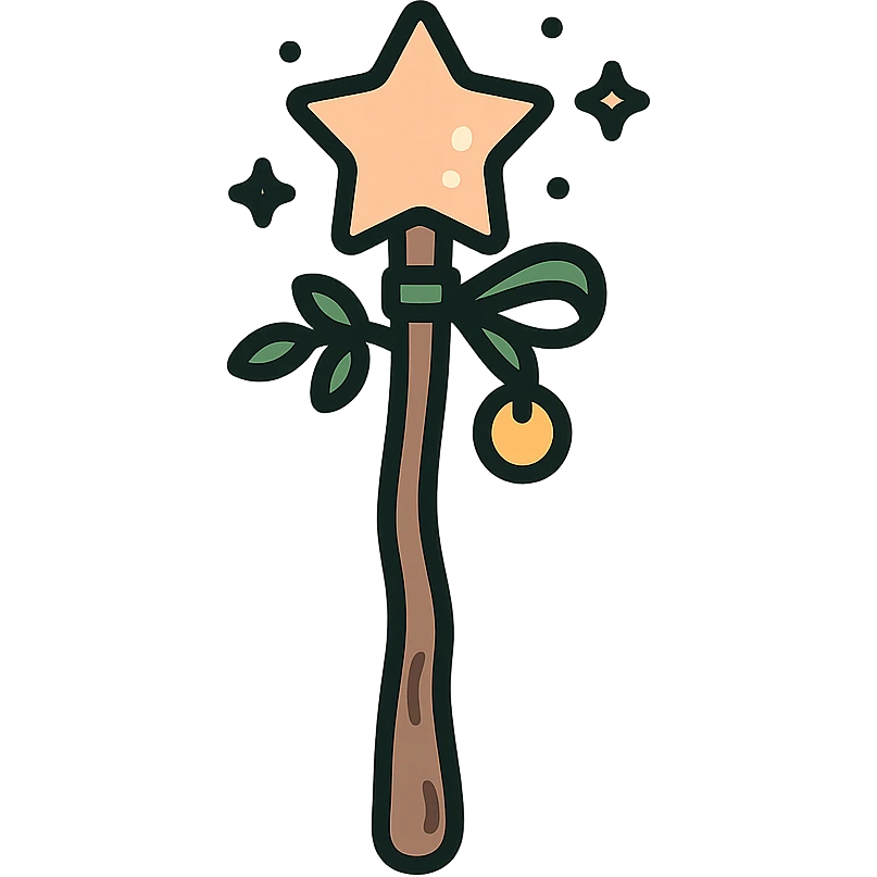 A cute and magical wand with an elegant, whimsical design, incorporating a color palette of golden orange (FA9B41), forest green (4A7C5C), soft taupe brown (96775A), and pastel peach (FFCC9A). The wand is slender and slightly curved, made of smooth wood with delicate carvings. At the top, there's a glowing gem or star in peachy tones, surrounded by tiny sparkles. Decorative elements like a ribbon, tiny leaves, or a small charm add a cozy, storybook-like charm. The overall look is gentle, enchanting, and magical, perfect for a forest fairy or a kindhearted young wizard emoji