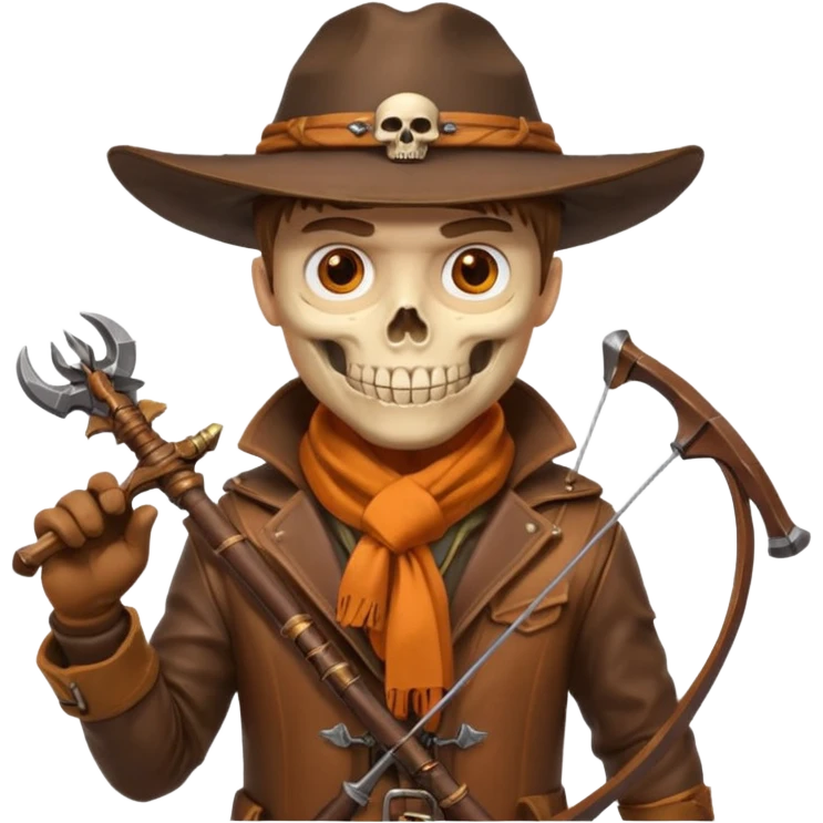 male human monster hunter emoji, wearing brown leather coat and wide hat, holding crossbow, with amulet shaped like skull, Halloween fantasy theme, confident smile, orange scarf, Apple emoji style, clean white background, square image emoji