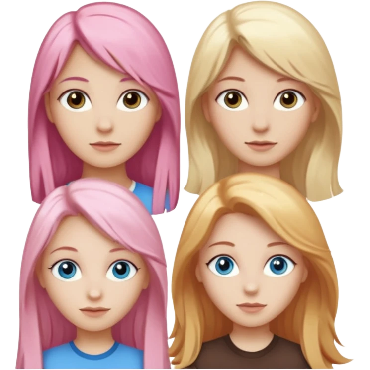 Girlfriend emoji - include 1 white girl with long light pink hair and blue eyes, 1 white girl with brown eyes and medium honey blonde hair, and 2 white girls with brown eyes and long dark brown hair, 1 white girl with blue eyes and light blonde hair,  emoji