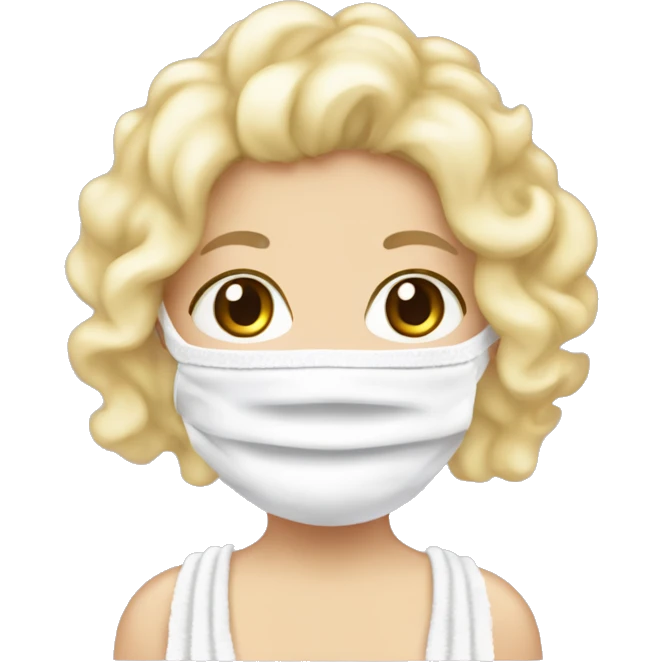 a girl with a white face mask on and a towel and a head towel and she has little pieces of blonde curls sticking out and make ur closing her eyes  emoji