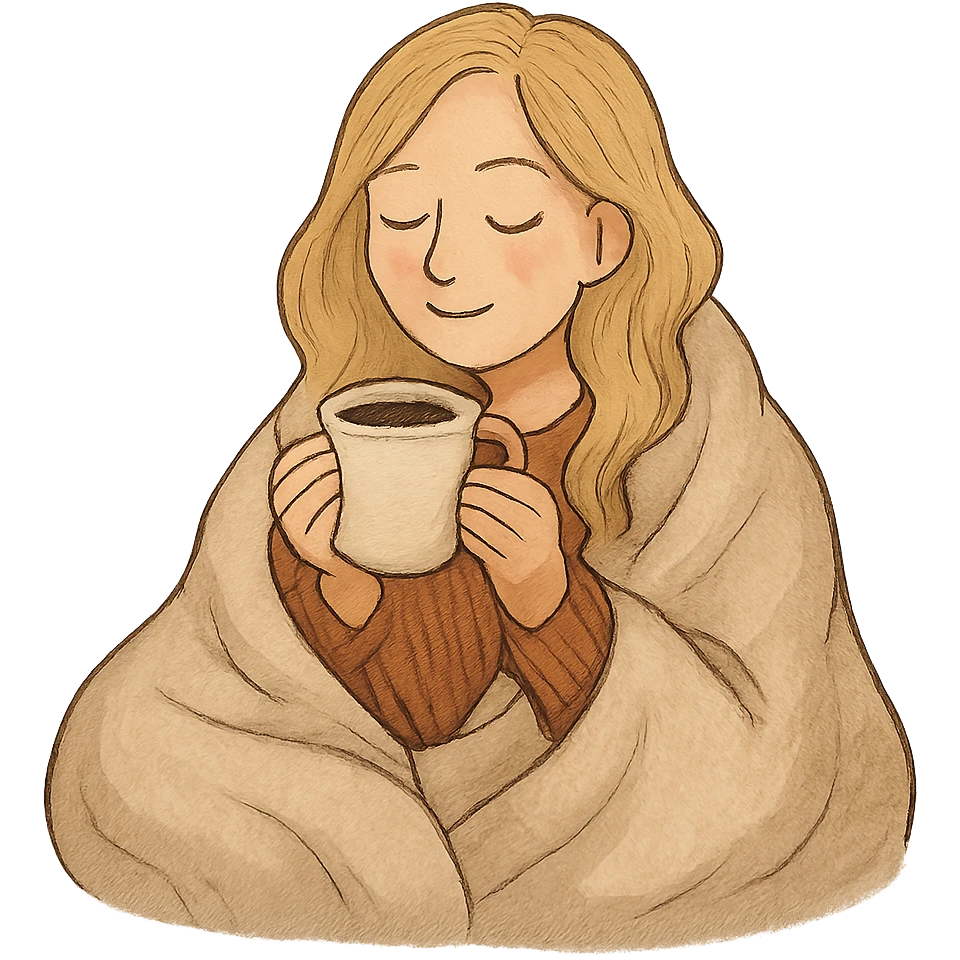 blonde girl cozy under a blanket, sipping coffee, eyes closed, content and warm emoji