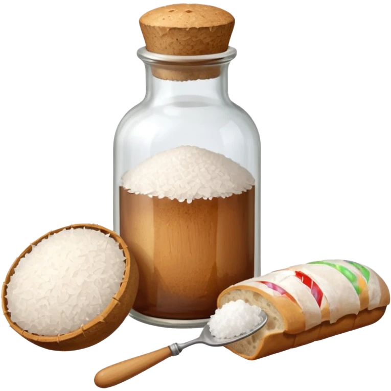 a one victorian bottle of salt and a loaf of bread - crochet needles and a ball of wool emoji