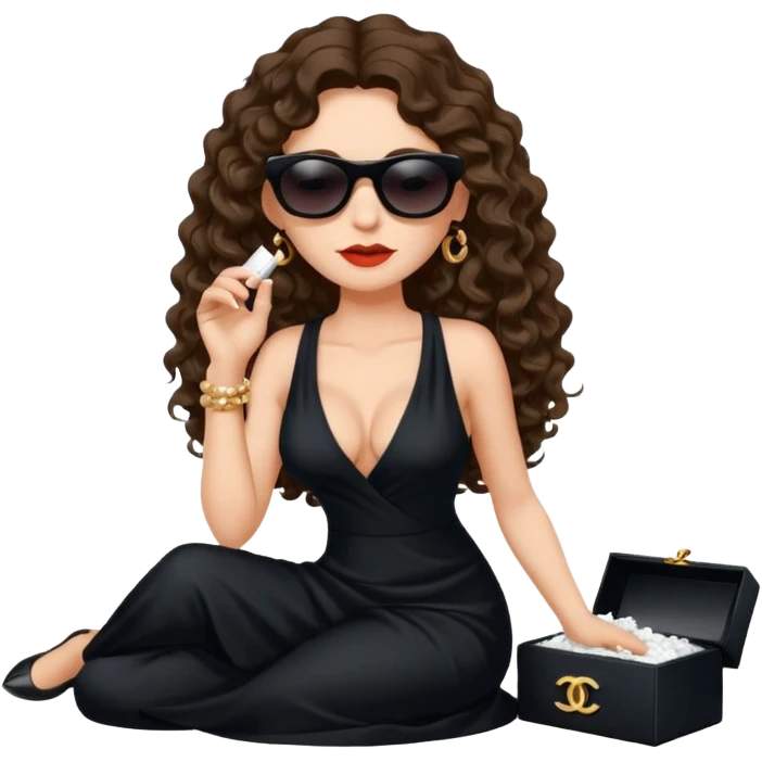 Female drug boss with long curly brown hair,  sitting on a pile of cocaine, sunglasses on and wearing black low cut long Chanel dress emoji