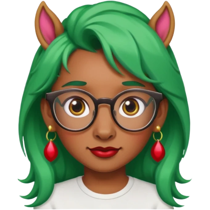 unicorn with green hair and big red earrings looking into camera and spectacle emoji