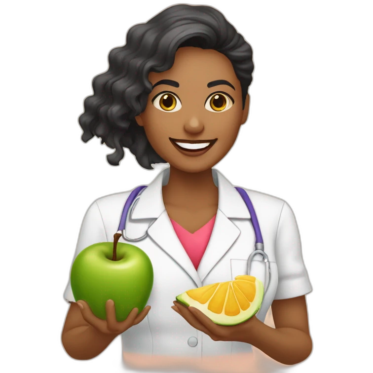 Nutricionista  morena com várias frutas na mão  emoji