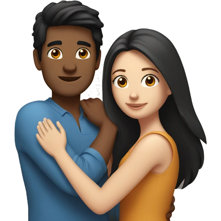 Friends hugging each other. Indian man with black hair. White woman with blue eyes and long brown hair emoji
