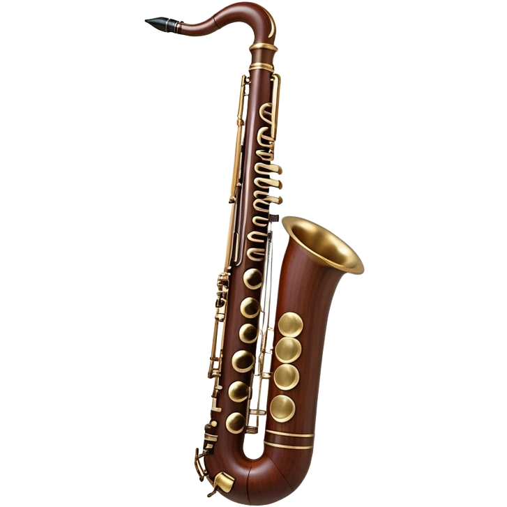 Create a detailed and elegant emoji representing a bassoon. The design should showcase the long, slender wooden body of the bassoon with its distinct curves and metal fittings. Highlight the keywork and metal rings around the joints, with subtle light reflections on the wood to give it a polished appearance. The top of the bassoon should have the characteristic metal bell, and the reed should be clearly visible at the mouthpiece. Use warm wood tones like deep brown and mahogany for the body, with silver or brass accents for the metal parts. Add soft musical notes or soundwaves around the instrument to evoke its rich, deep sound. The background should be transparent. emoji