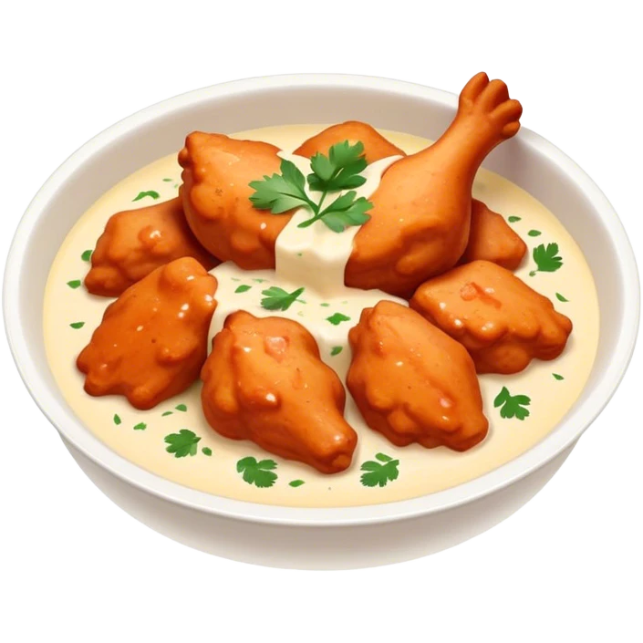Butter Chicken Cinematic Realistic Butter Chicken Dish Emoji, depicted as tender chicken pieces sliced up and bathed in a creamy white sauce garnished with fresh cilantro, rendered with rich textures and vibrant, appetizing lighting. emoji