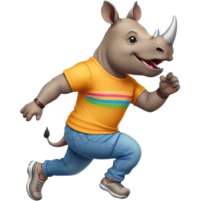 friendly anthropomorphised rhino in jeans and colourful t-shirt, wearing dark sunglasses, jogging upright, jumping with excitement, dynamic pose emoji