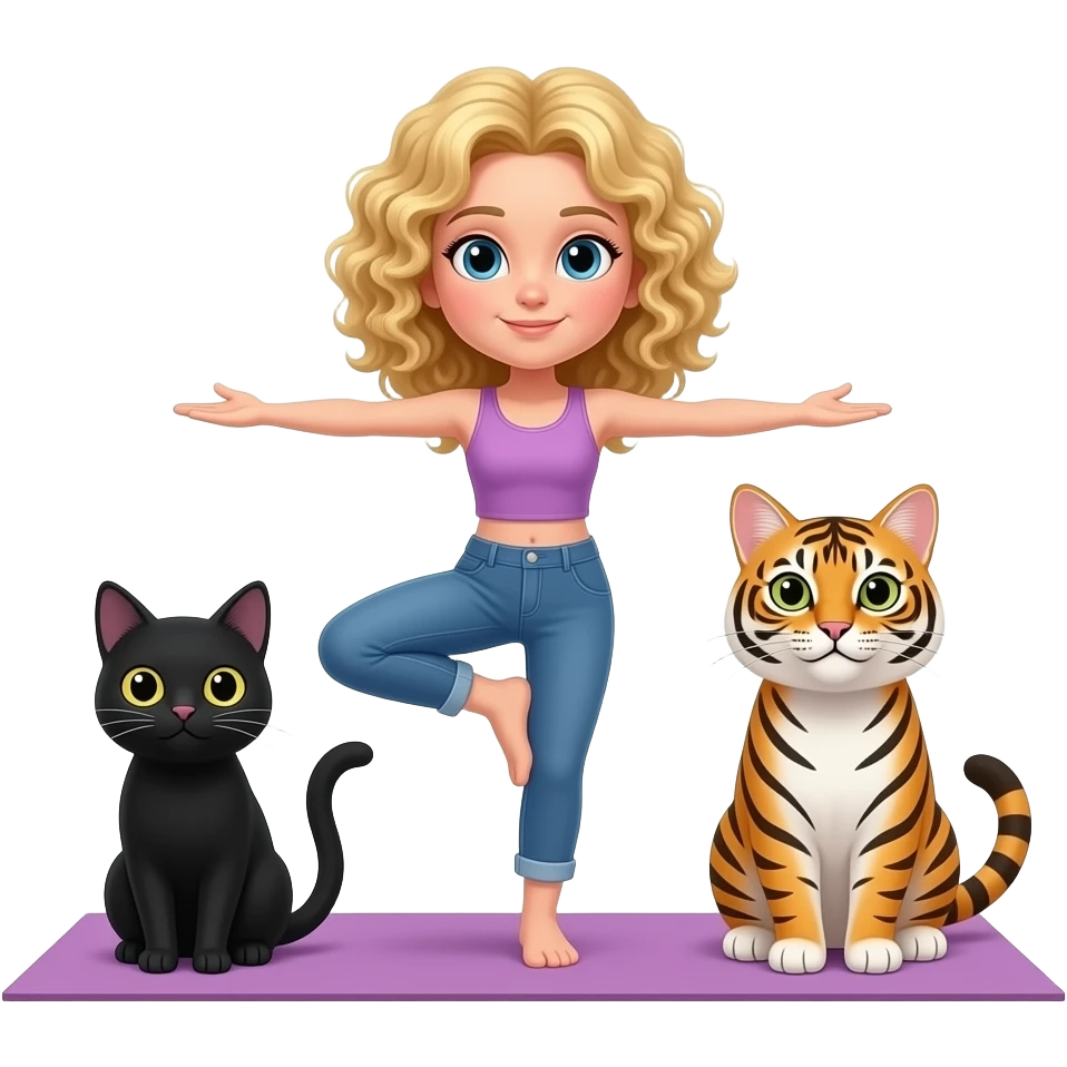 blonde curly haired yoga with black cat + tiger cat emoji