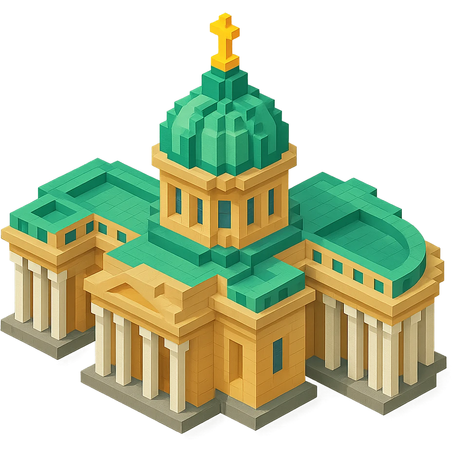 Kazan Cathedral of Saint Petersburg in voxel style, isometric view, realistic colors with light brown stone, green central dome, white columns emoji