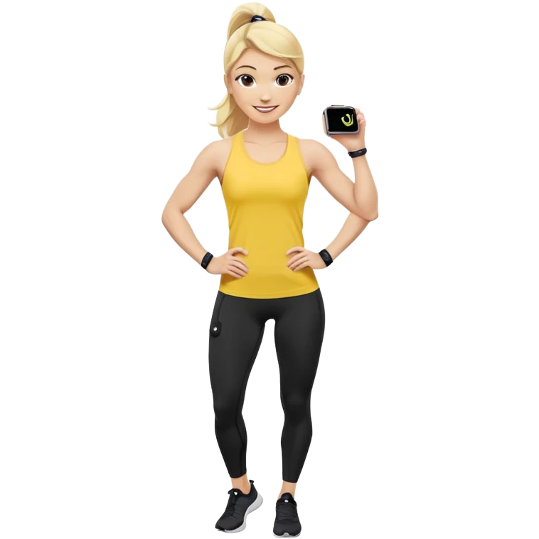 Sporty blonde woman in yellow top and black leggings, showing bicep, smiling, with wireless earbud and Apple Watch emoji