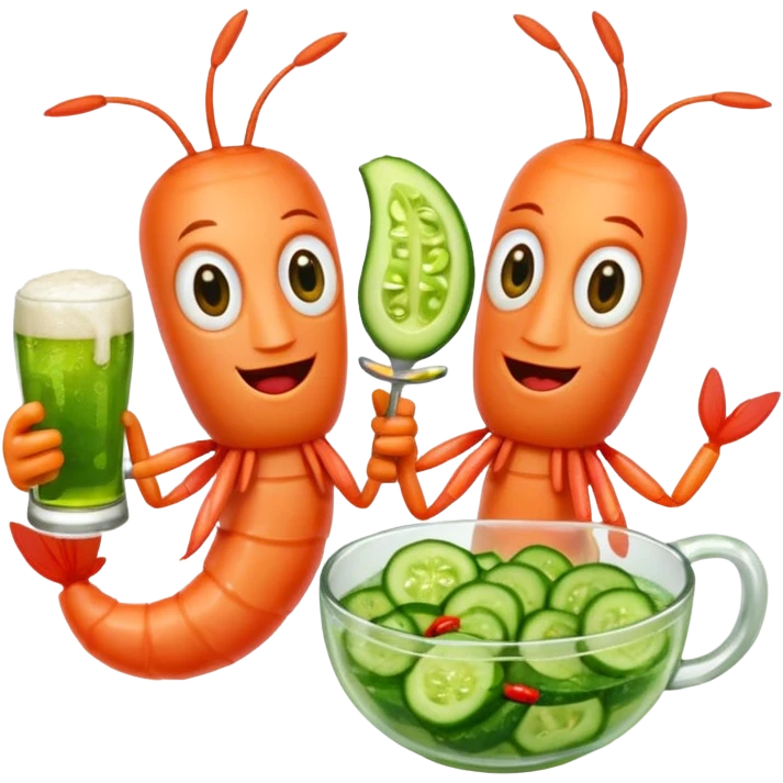 Create a modern emoji-style illustration of two shrimp characters, friendly and cool, slightly cartoon but stylish, not childish.
They are toasting (‘salud’), one shrimp holding a beer mug with aguachile topping, the other holding a fresh aguachile bowl with cucumber and chili.
  emoji