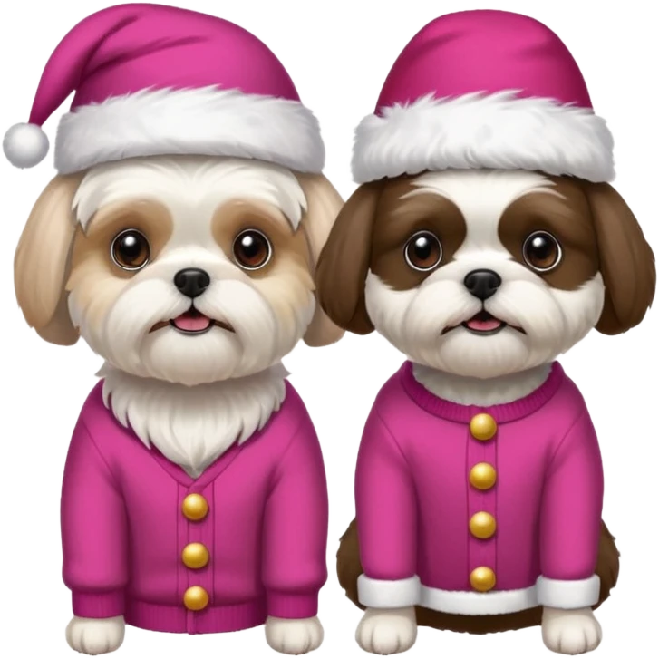 two dogs one little white all over shih tzu dog with pink santa hat and one bigger mostly white with black havanese dog wearing red christmas sweater and red christmas hat emoji