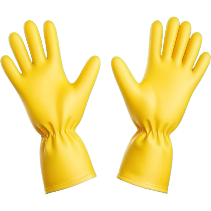 pair of bright rubber gloves with long cuffs and slightly curved fingers, suggesting flexibility and grip, vibrant yellow color, soft matte finish, gentle creases indicating use, no sponge, soap, or sink, soft lighting, subtle shadows, emoji scale emoji