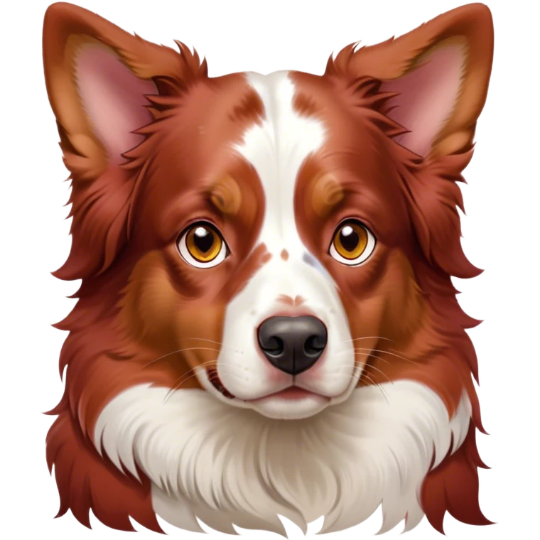 Cinematic Noble Red Merle Australian Shepherd Portrait Emoji, Poised and regal, with a strong, agile build and a stunning red merle coat accented by subtle splashes of darker red and white, piercing amber eyes, Simplified yet sharp and sophisticated features, highly detailed, glowing with a soft, dignified glow, high shine, intelligent and loyal, stylized with an air of strength, focused and attentive, soft glowing outline, capturing the essence of a watchful and confident herder, so majestic it feels as though it could step out of the screen with effortless authority! emoji