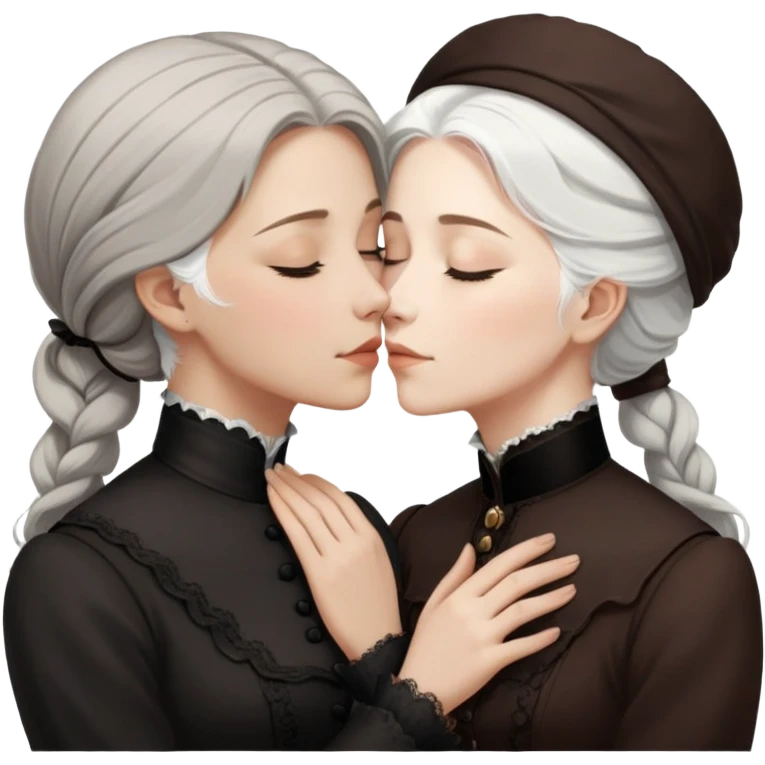 eyes closed lesbian kiss between modest Victorian women, one with white hair and one with brown hair, wearing dark outfits emoji