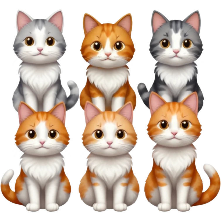 6 cats with different coloured coats, 2 are grey and white, 1 is grey with a little white, 1 calico, 1 brown tabby and white and one ginger and white emoji