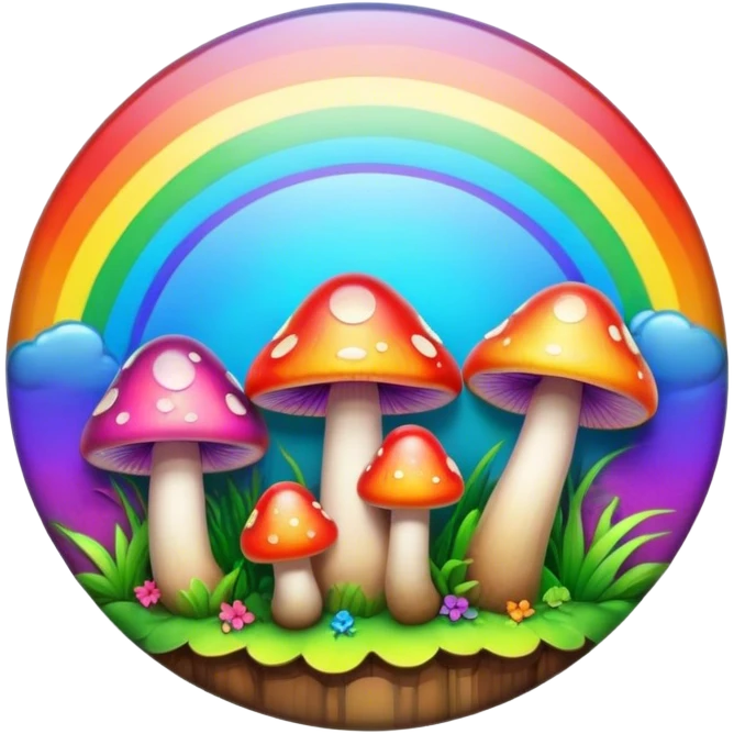 A round psychedelic colored button with bezeled edges and rainbow colored mushrooms emoji