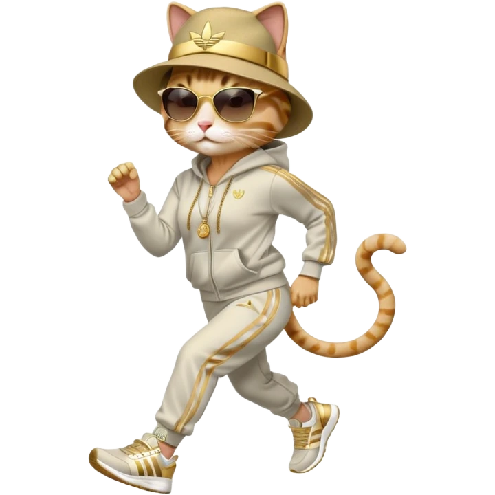 female cat with strong Run DMC hip-hop vibes, bold tracksuit, Adidas sneakers, gold chains, fedora hat, dark sunglasses, jogging upright emoji