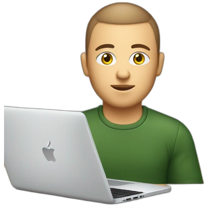 software engineer (white male, brown buzz cut hair, white gold earrings) in front of laptop, apple-style emoji