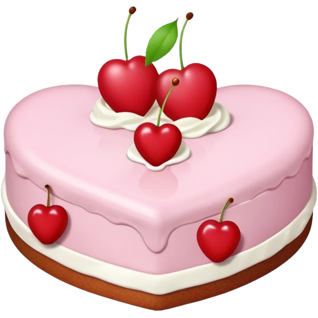 A light pink, heart-shaped cake, topped with two cherries and cream. emoji