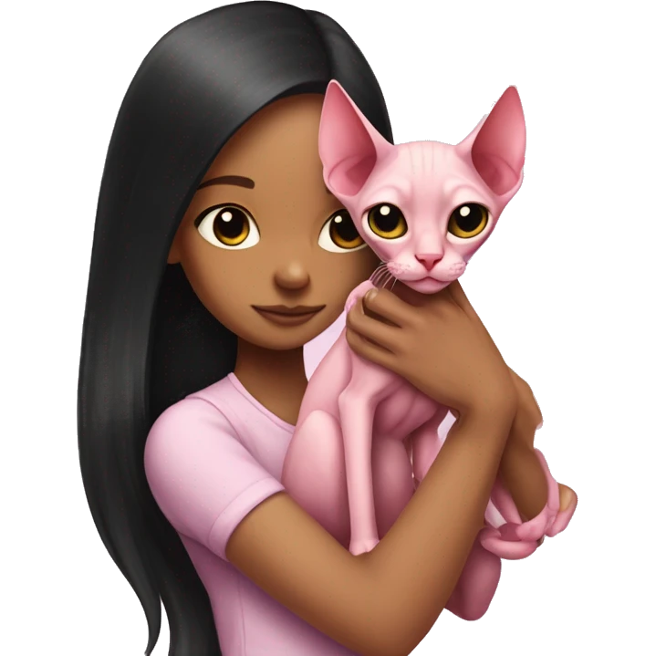 pink sphinx cat in the arms of a girl with long black hair emoji