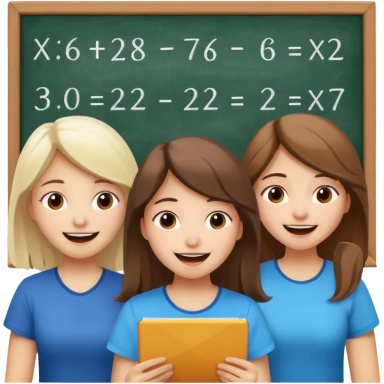 Mexican brown haired girl, white blond haired girl, and white brown haired girl all trying not to laugh while doing math emoji