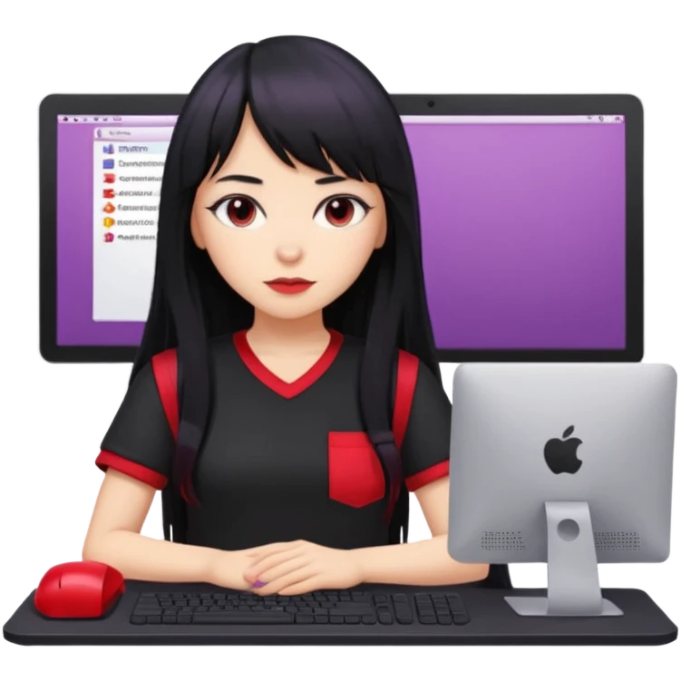 lilac girl with long hair and bangs worker and acessories with a pc worten the clothes black like an alternative bue the shirt in red with worten on the right side very small emoji