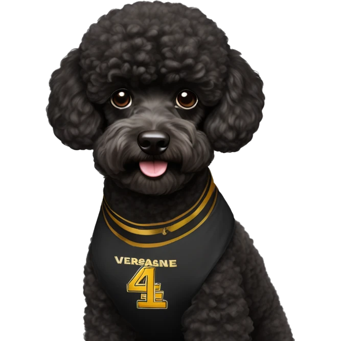 A black miniature poodle with a shaved face and a black collar with gold Versace emblems on it wearing an Arizona state #4 football jersey  emoji