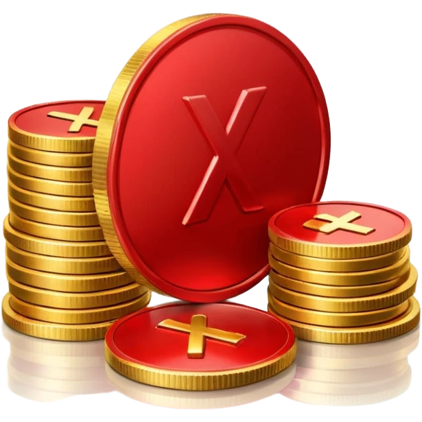 Apple emoji style, glossy 3D icon a red prohibition symbol (🚫) over a stack of shiny golden coins. The coins have soft reflections, rounded edges, and a small red X embossed on the top coin emoji