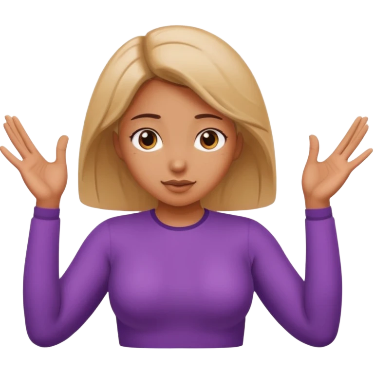 A girl with curious expressions and her arms making a v and her hands on her curves emoji