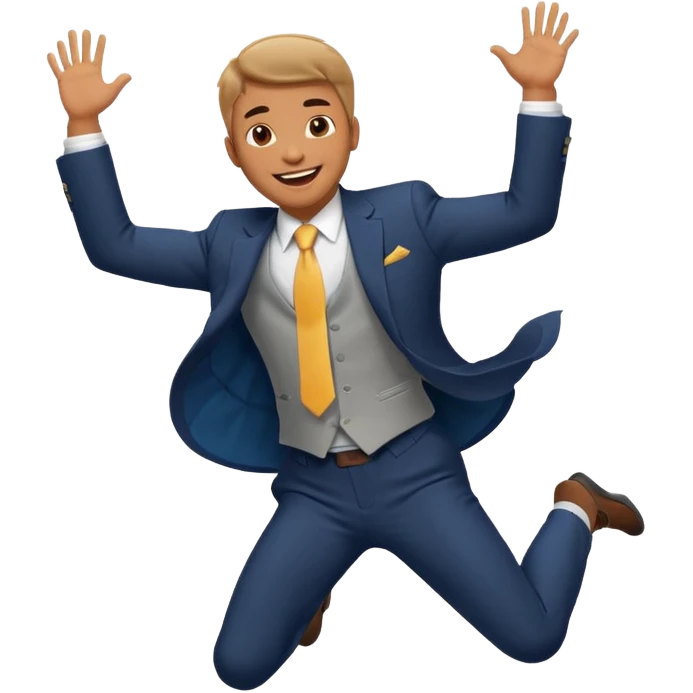 a man in a formal suit jumps with joy emoji