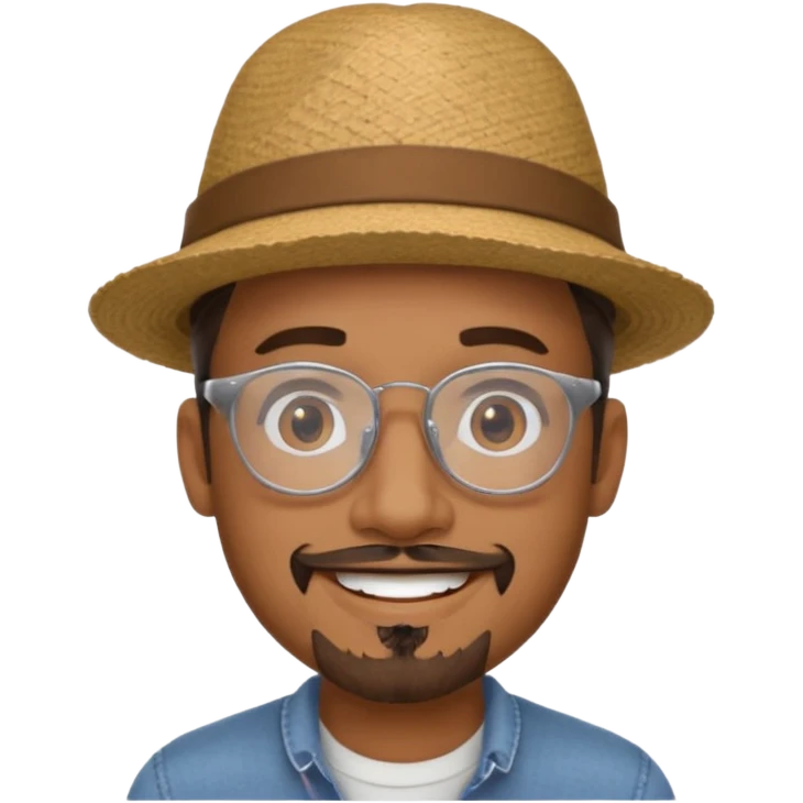 Brown man smiling no teeth showing with hat, clear glasses and goatee emoji