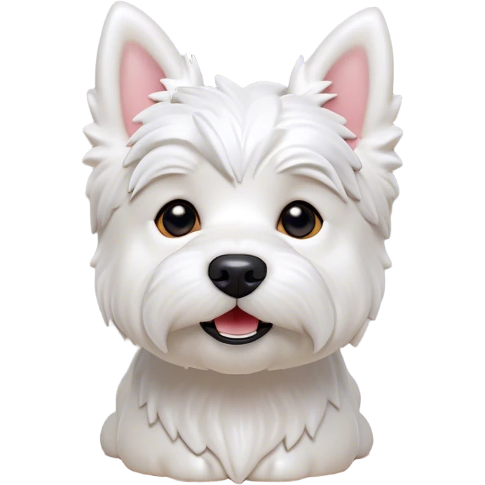 Cinematic Cute West Highland White Terrier Portrait Emoji, Head tilted playfully and inquisitively, featuring a fluffy, immaculate white coat with perky ears, round, sparkling dark eyes filled with curiosity, Simplified yet irresistibly adorable features, highly detailed, glowing with a warm, friendly glow, high shine, affectionate and lively, stylized with a touch of whimsy, bright and endearing, soft glowing outline, capturing the essence of a mischievous yet loving pup, so playful it feels like it could bound out of the screen and into your arms! emoji