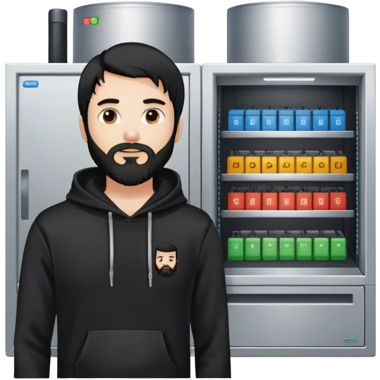 hackeur blanc cheveux noir barbe et capuche noir à côté d'un server emoji