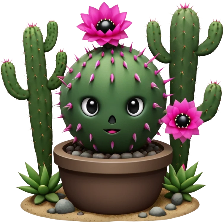 Cactus is a spherical dark green cactus with several white spikes protruding out of its surface, it has 2 eyes with huge pupils and highlights above it is a bright pink flower. Behind the Cactus is a stem holding a smaller cactus base appearing as a catapult emoji
