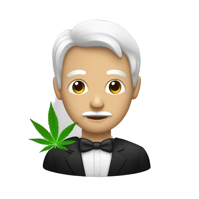 hombre blanco con pelo negro corto, ojos oscuros, con cannabis emoji