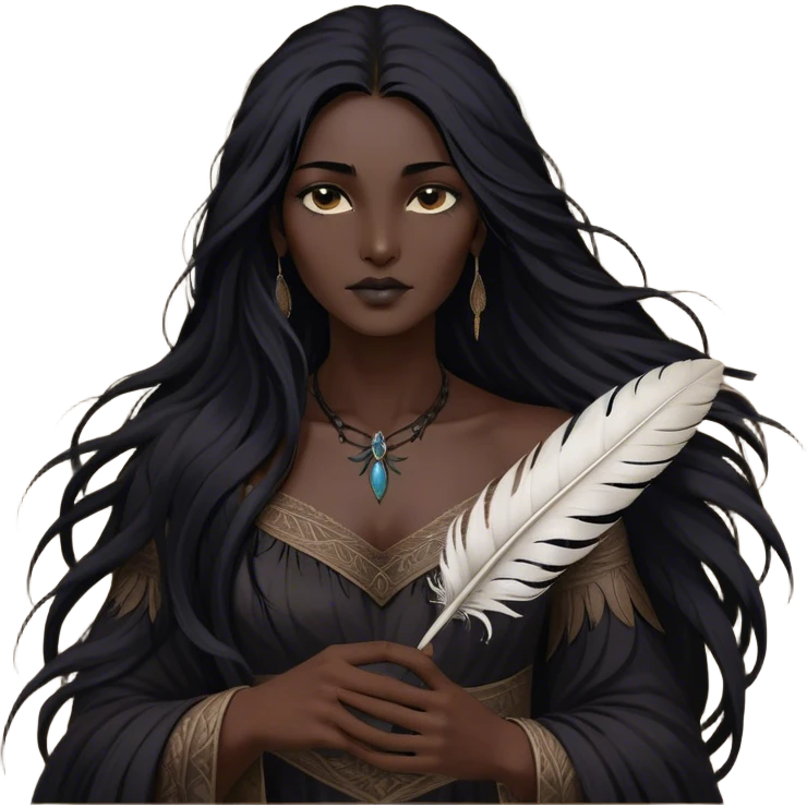 Cinematic Realistic Pocahontas Portrait, depicted with lifelike skin texture, soft natural lighting, and intricately detailed long, flowing raven-black hair that moves gracefully in the wind. Her deep, soulful dark brown eyes exude wisdom and strength, complemented by a serene yet powerful expression. She is shown gently holding a feather in one hand, her other hand resting lightly at her side, embodying the harmonious balance between nature and herself. She is dressed in her classic one-shoulder native American dress, with rich fabric textures and delicate beaded details that catch the light beautifully. The portrait features a soft, sun-kissed glow with a natural, radiant finish, capturing the essence of untamed beauty and deep connection to nature in a realistic and painterly style, evoking a sense of depth and authenticity. emoji